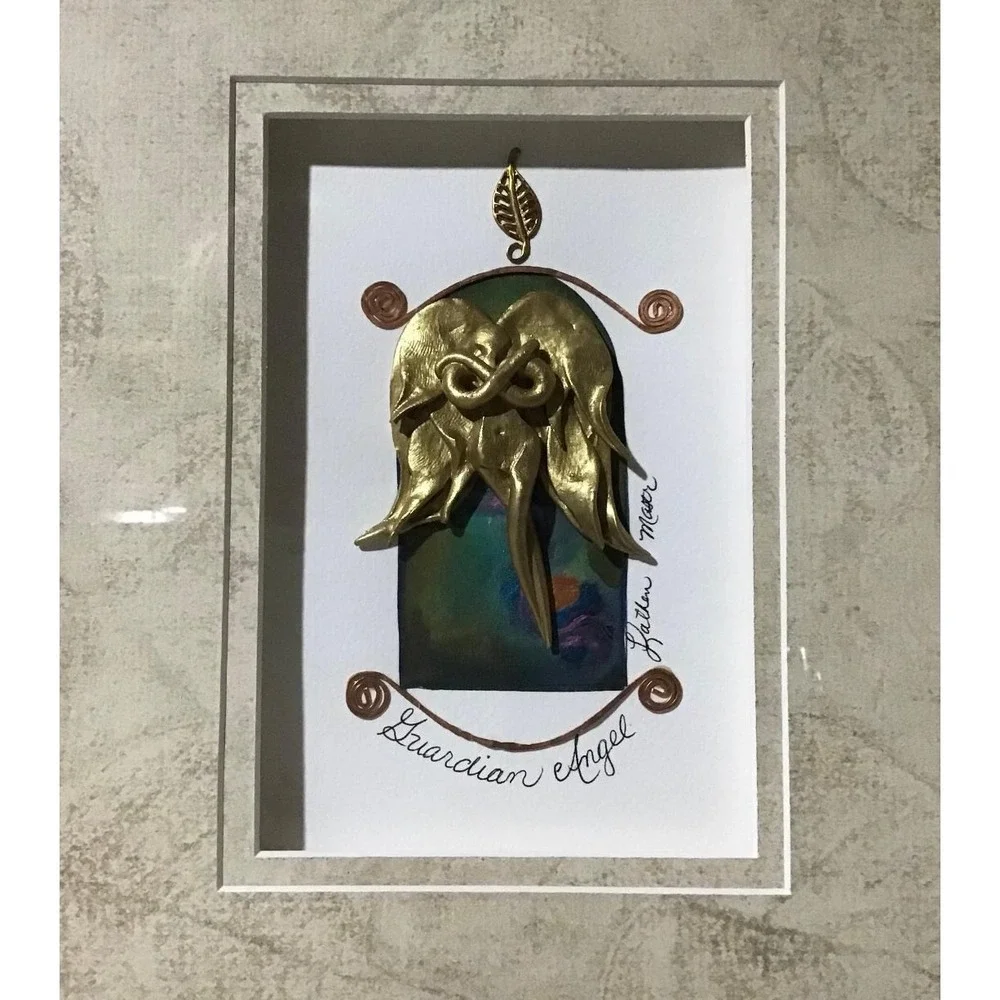 Guardian Angel Mixed Media Framed Wall Art Gold Tone Signed by Katherine‎ Moser